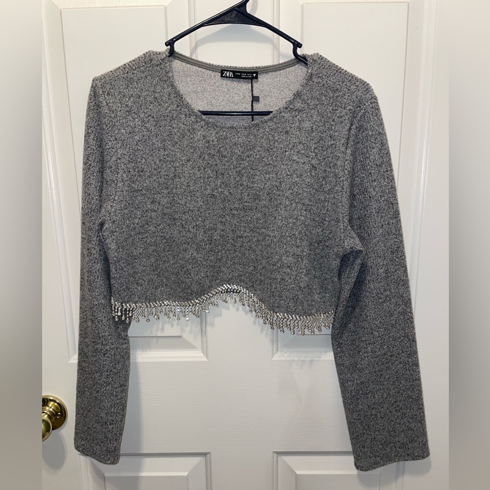 Zara Gray Embellished Crop Sweatshirt Long Sleeve